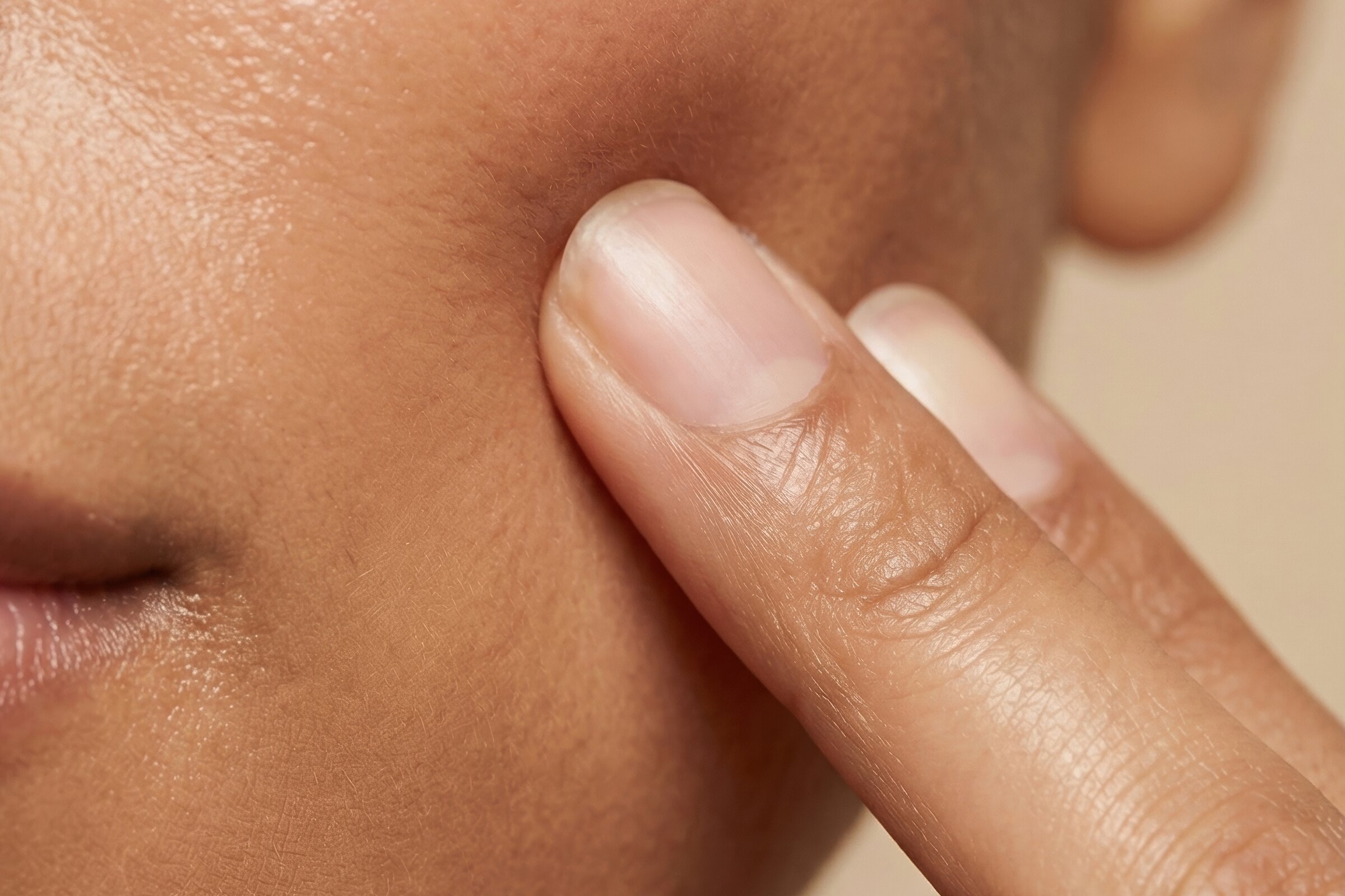 A close crop of a cheek, with two fingertips resting against the skin.